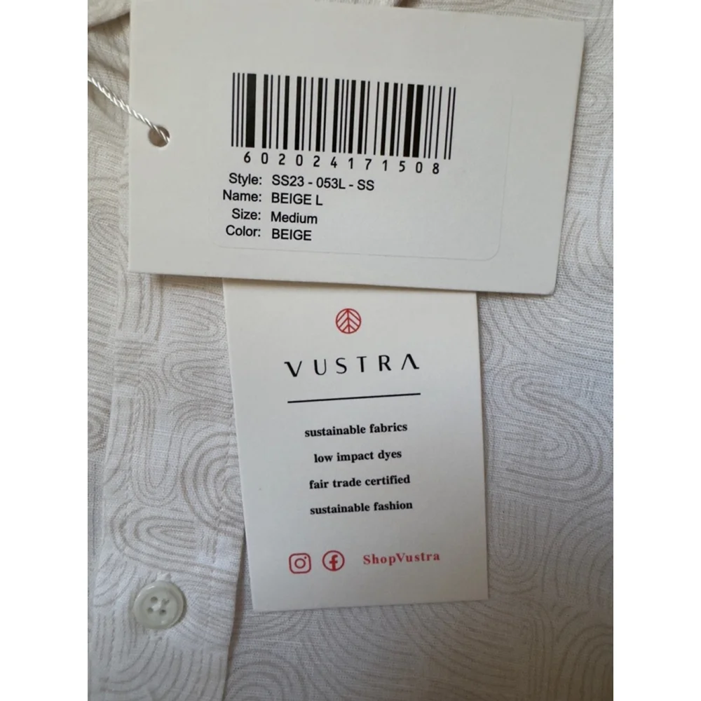 Vustra Men’s Beige Short Sleeve Button-Up Shirt - Size Medium, Sustainable Fabri
